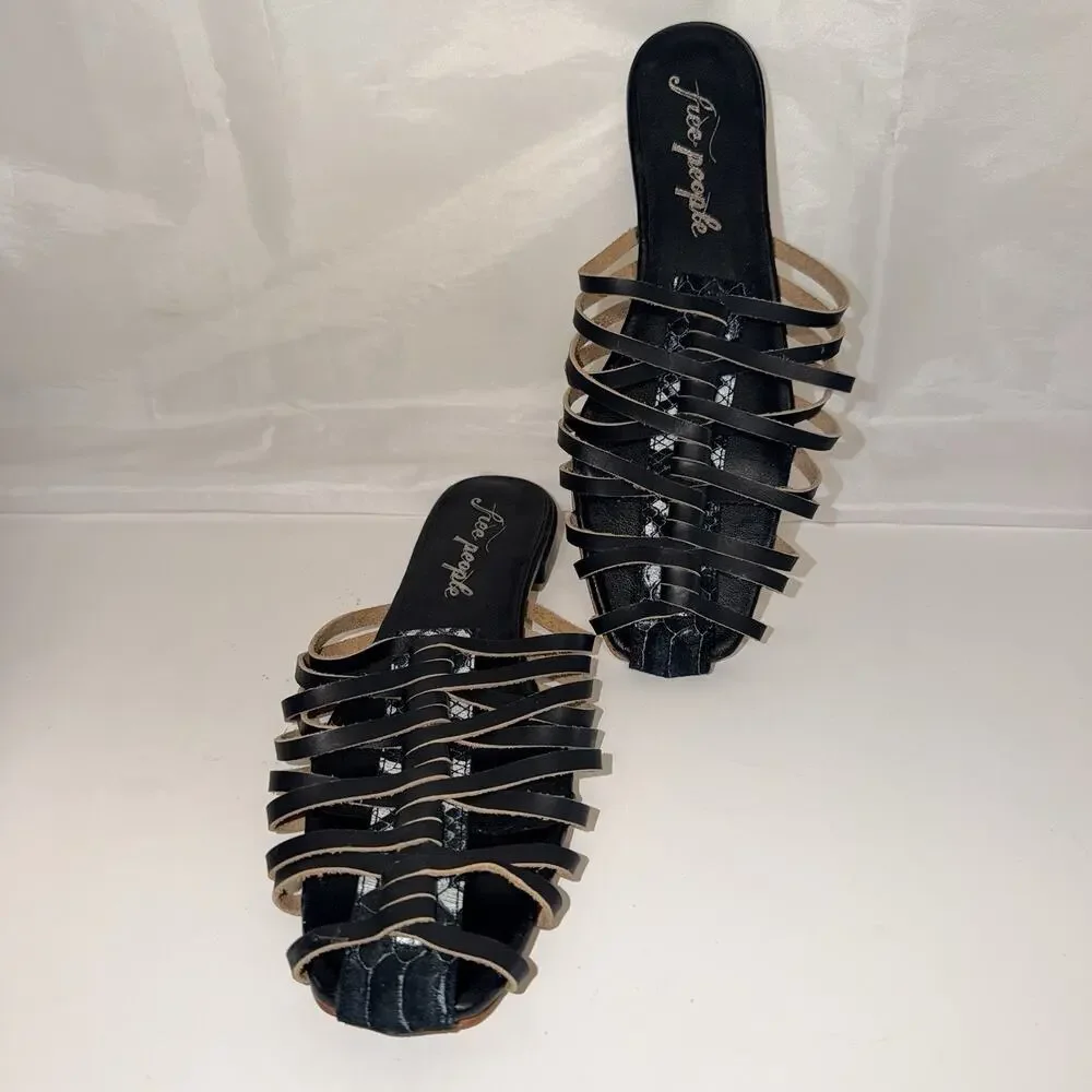 Free People Black Leather Strappy Slide Sandals – EU 40 US 9-9.5 JB2